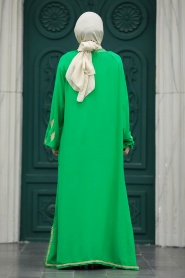 Neva Style - Desen Detaylı Yeşil Tesettür Elbise 10136Y - Thumbnail