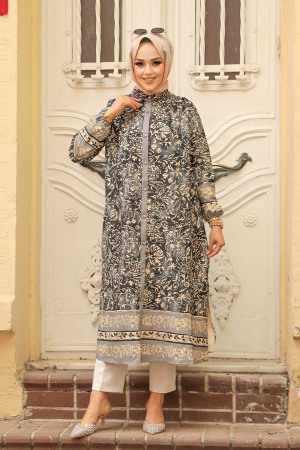 Neva Style - Desenli Antrasit Tesettür Tunik 92830ANT - 2