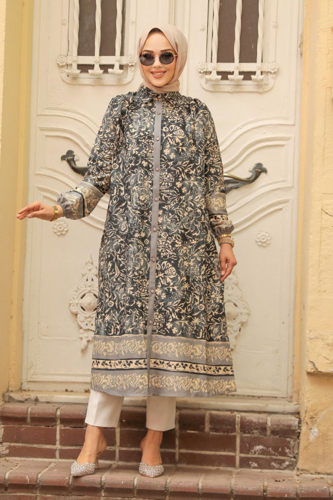 Neva Style - Desenli Antrasit Tesettür Tunik 92830ANT - 1