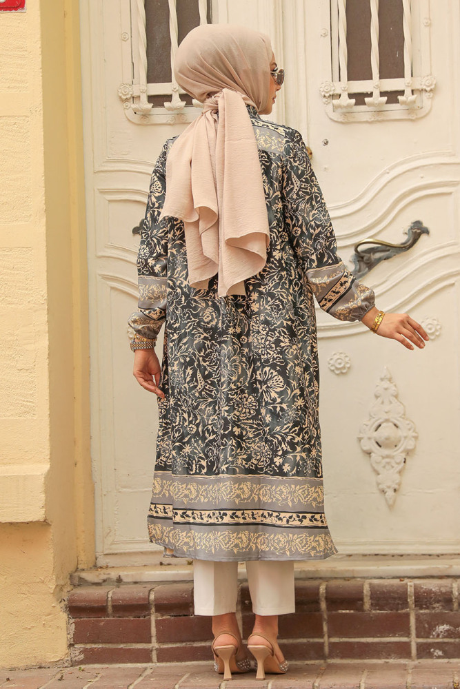 Neva Style - Desenli Antrasit Tesettür Tunik 92830ANT - 3