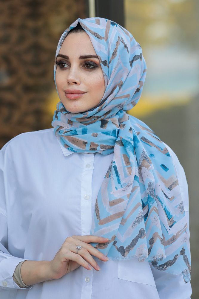 Neva Style - Desenli Bebek Mavisi Tesettür Şal 7552BM - NEVA STYLE SALLAR