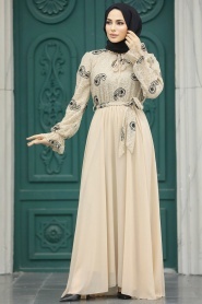 Neva Style - Desenli Bej Tesettür Elbise 12170BEJ - Thumbnail