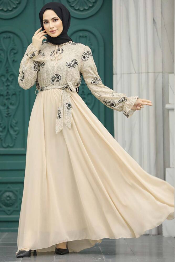 Neva Style - Desenli Bej Tesettür Elbise 12170BEJ - 3