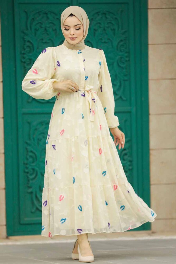 Neva Style - Desenli Bej Tesettür Elbise 13025BEJ - 3