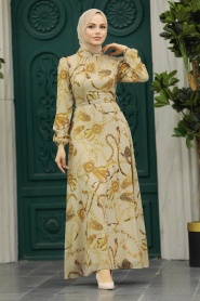 Neva Style - Desenli Bej Tesettür Elbise 27933BEJ - Thumbnail