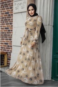 Neva Style - Desenli Bej Tesettür Elbise 27945BEJ - Thumbnail