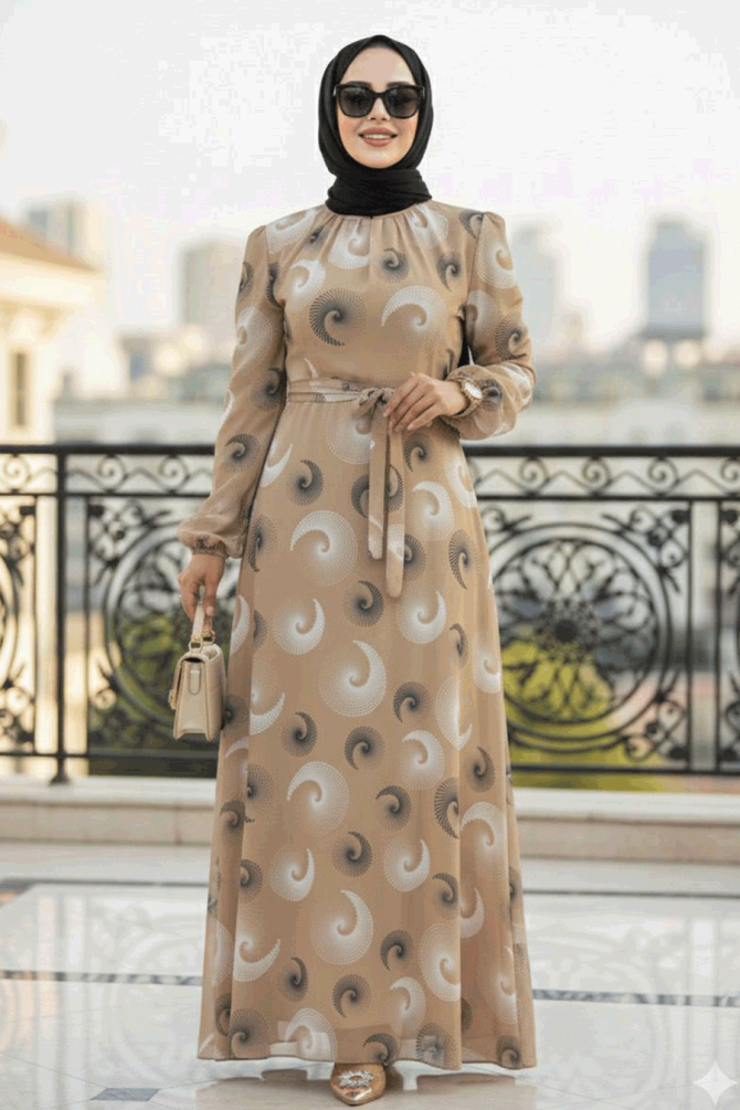  Desenli Bej Tesettür Elbise 27945BEJ - 1