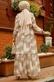 Neva Style - Desenli Bej Tesettür Elbise 33560BEJ - Thumbnail
