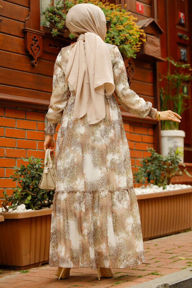 Neva Style - Desenli Bej Tesettür Elbise 33560BEJ - 4