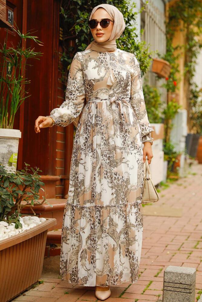 Neva Style - Desenli Bej Tesettür Elbise 33562BEJ - 2