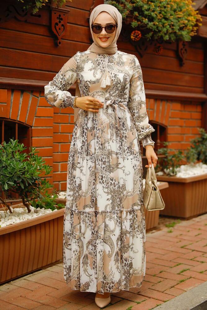 Neva Style - Desenli Bej Tesettür Elbise 33562BEJ - 3