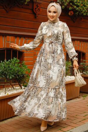 Neva Style - Desenli Bej Tesettür Elbise 33562BEJ - 1