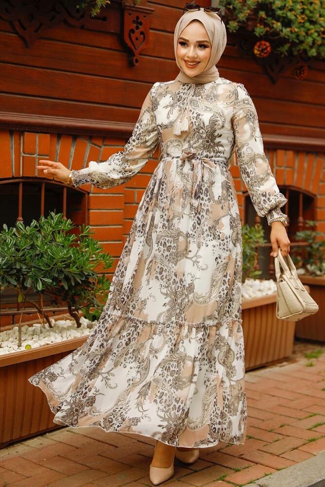 Neva Style - Desenli Bej Tesettür Elbise 33562BEJ - 1