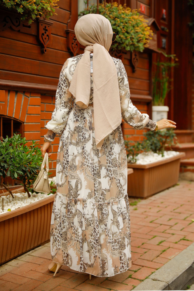Neva Style - Desenli Bej Tesettür Elbise 33562BEJ - 4