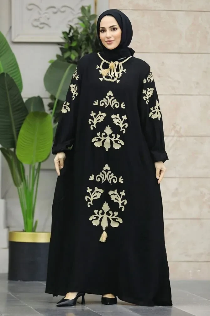  Desenli Bej Tesettür Elbise 60101BEJ - 1