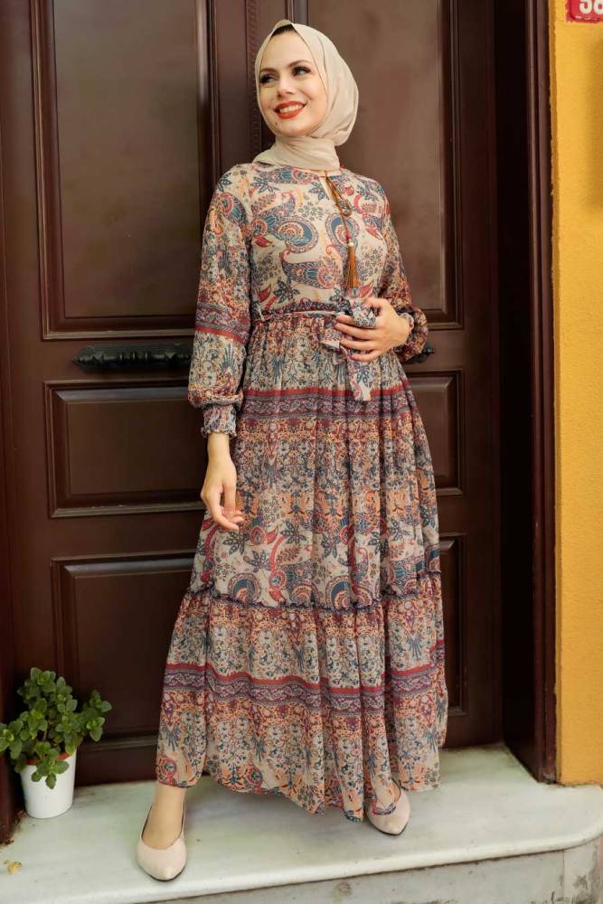  Desenli Bej Tesettür Elbise 76440BEJ - 1