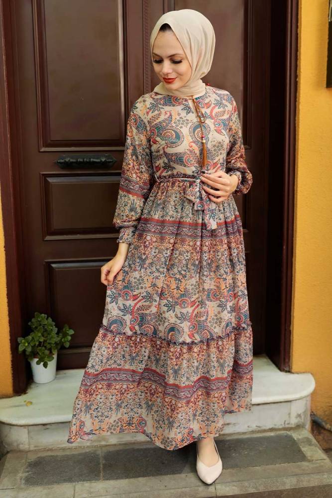 Desenli Bej Tesettür Elbise 76440BEJ - 3