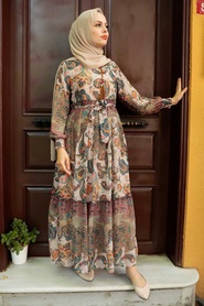 Neva Style - Desenli Bej Tesettür Elbise 76441BEJ - Thumbnail