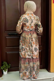 Neva Style - Desenli Bej Tesettür Elbise 76441BEJ - Thumbnail