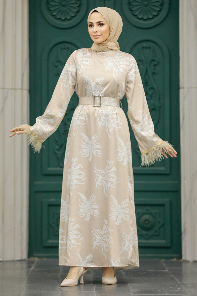 Neva Style - Desenli Bej Tesettür Elbise 77301BEJ - 1
