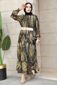 Neva Style - Desenli Bej Tesettür Elbise 9271BEJ - Thumbnail