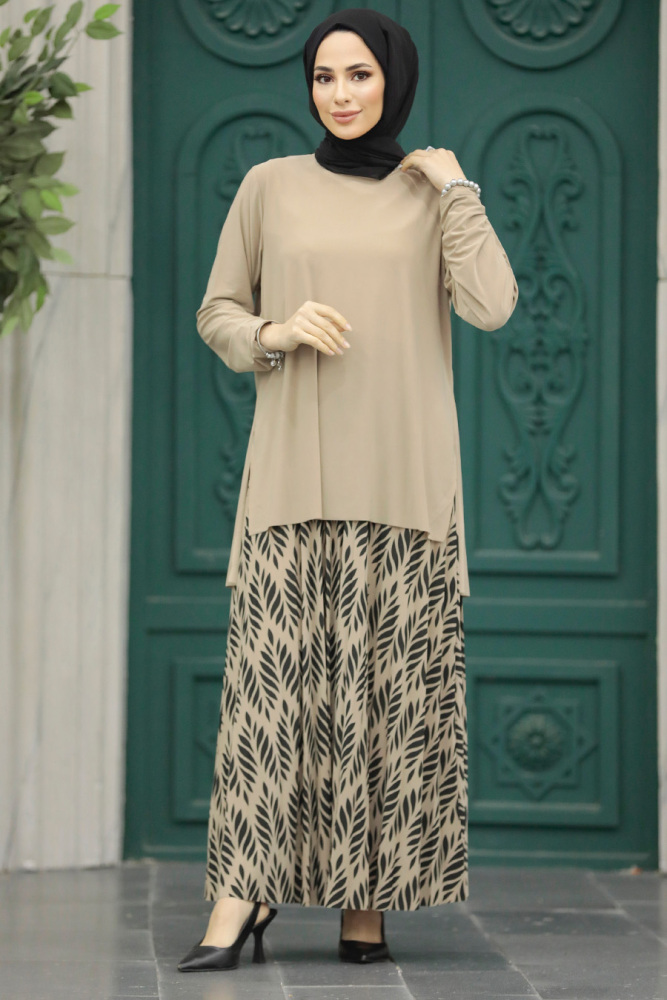 Neva Style - Desenli Bej Tesettür Etekli İkili Takım 41631BEJ - NEVA STYLE