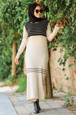 Neva Style - Desenli Bej Tesettür Triko Elbise 15718BEJ - 1