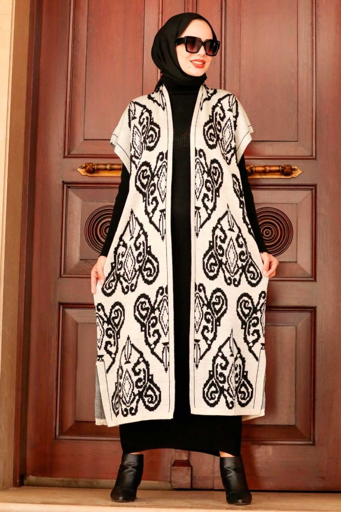 Neva Style - Desenli Bej Tesettür Triko İkili Takım 3178BEJ - 1