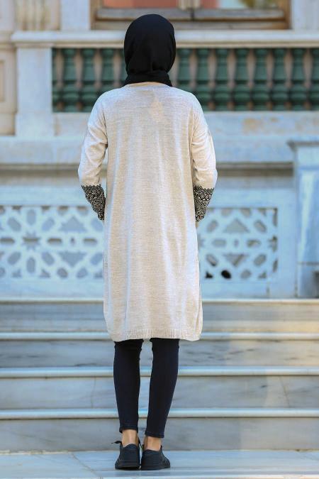 Neva Style - Desenli Bej Tesettür Triko Tunik 3548BEJ - 2