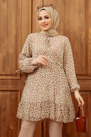  Desenli Bej Tesettür Tunik 70120BEJ - 2