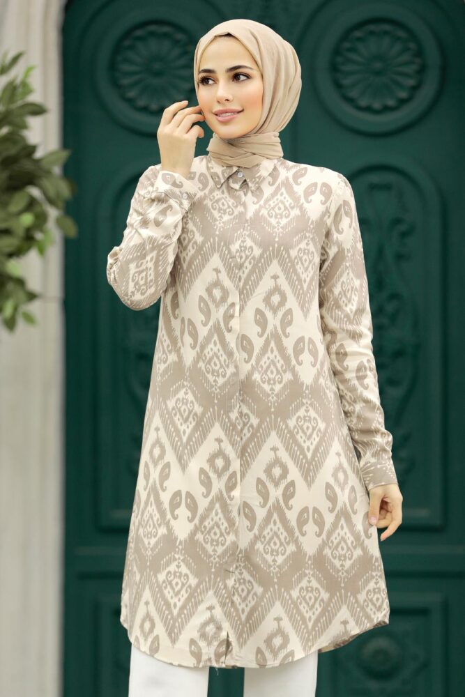 Neva Style - Desenli Bej Tesettür Viskon Tunik 11603BEJ - 2