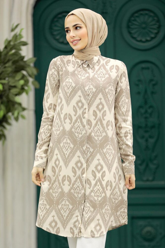 Neva Style - Desenli Bej Tesettür Viskon Tunik 11603BEJ - 1