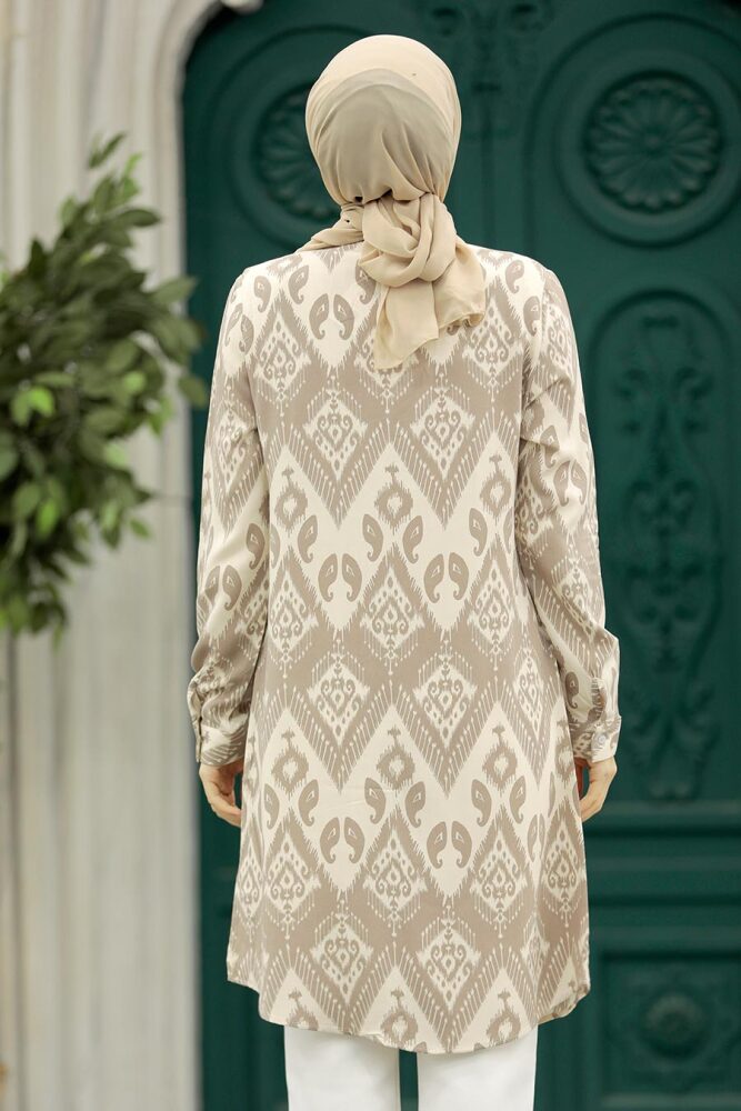 Neva Style - Desenli Bej Tesettür Viskon Tunik 11603BEJ - 3