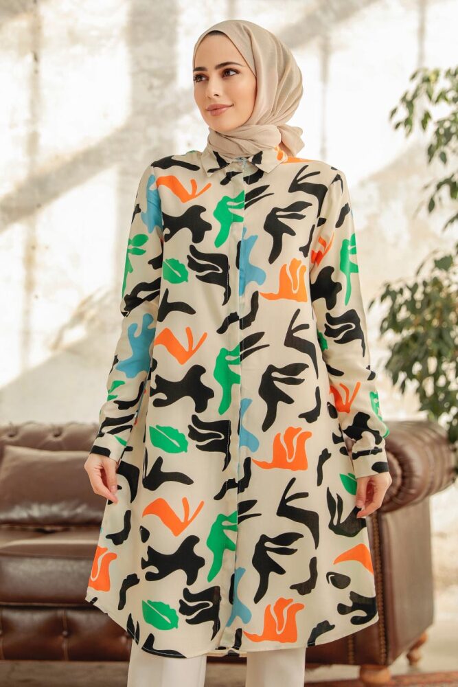  Desenli Bej Tesettür Viskon Tunik 11626BEJ - NEVA STYLE