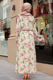 Neva Style - Desenli Beli Bağcıklı Pudra Tesettürlü Elbise 53544PD - Thumbnail