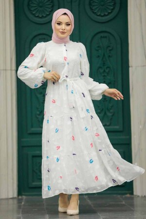 Neva Style - Desenli Beyaz Tesettür Elbise 13025B - 3