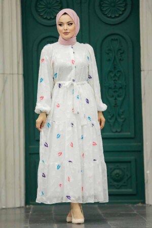 Neva Style - Desenli Beyaz Tesettür Elbise 13025B - 2