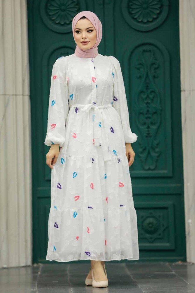 Neva Style - Desenli Beyaz Tesettür Elbise 13025B - 2