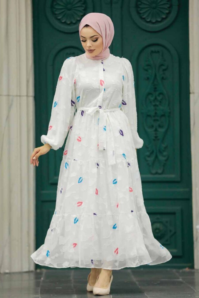 Neva Style - Desenli Beyaz Tesettür Elbise 13025B - 1