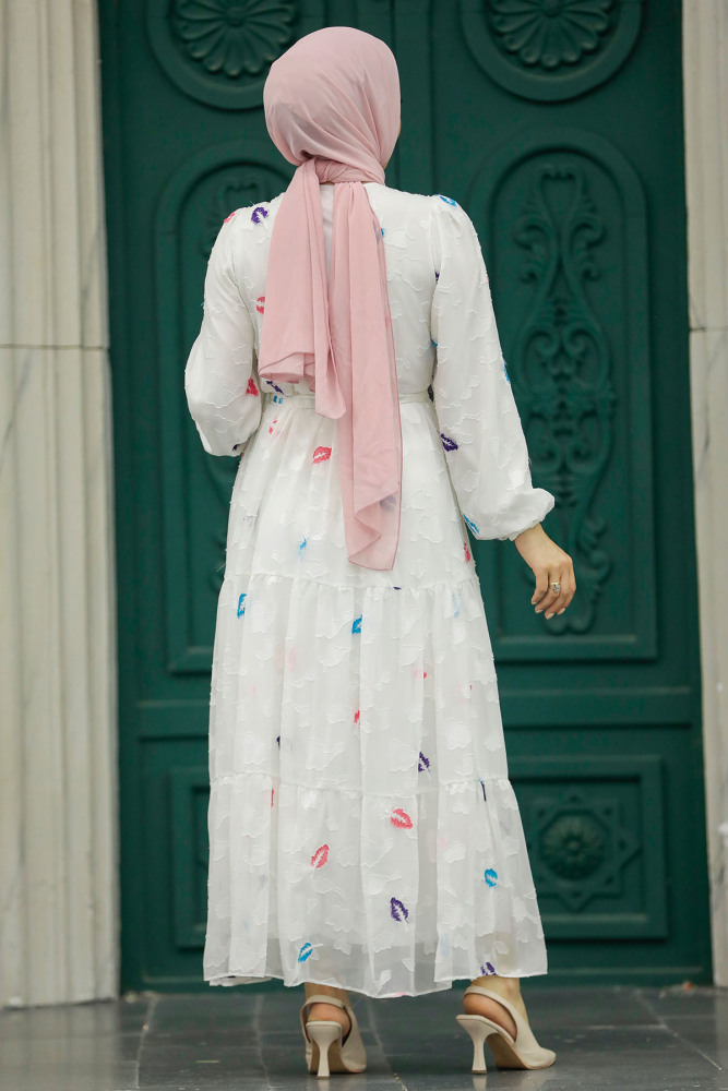 Neva Style - Desenli Beyaz Tesettür Elbise 13025B - 4