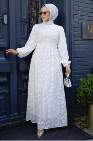 Neva Style - Desenli Beyaz Tesettür Elbise 1388B - Thumbnail