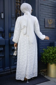 Neva Style - Desenli Beyaz Tesettür Elbise 1388B - Thumbnail