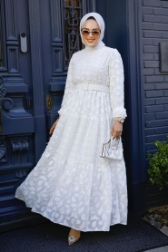 Neva Style - Desenli Beyaz Tesettür Elbise 1389B - Thumbnail