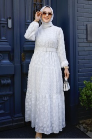 Neva Style - Desenli Beyaz Tesettür Elbise 1389B - Thumbnail