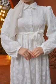 Neva Style - Desenli Beyaz Tesettür Elbise 14012B - Thumbnail