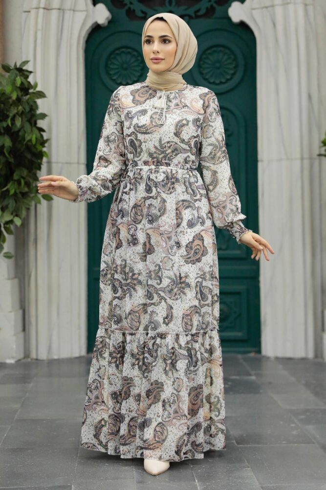Neva Style - Desenli Beyaz Tesettür Elbise 3356B - 1