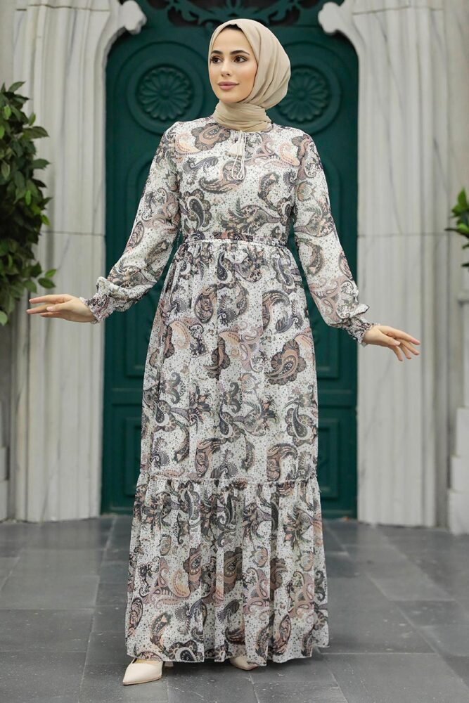 Neva Style - Desenli Beyaz Tesettür Elbise 3356B - 2