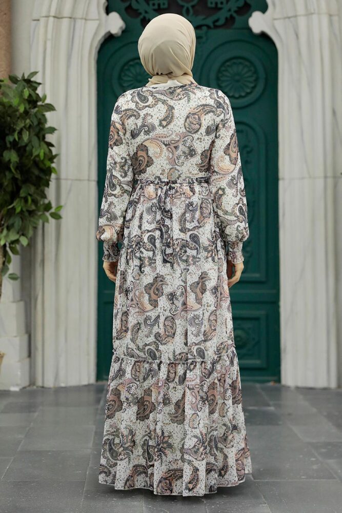Neva Style - Desenli Beyaz Tesettür Elbise 3356B - 3