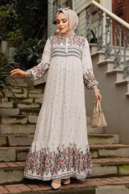Neva Style - Desenli Beyaz Tesettür Elbise 50095B - Thumbnail