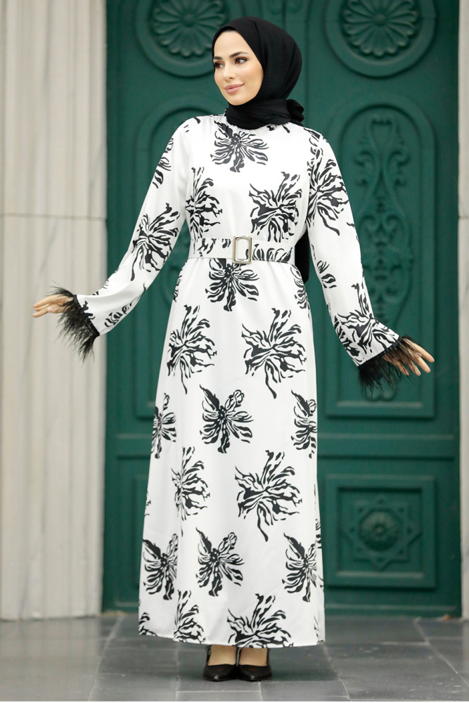 Neva Style - Desenli Beyaz Tesettür Elbise 77301B - 1